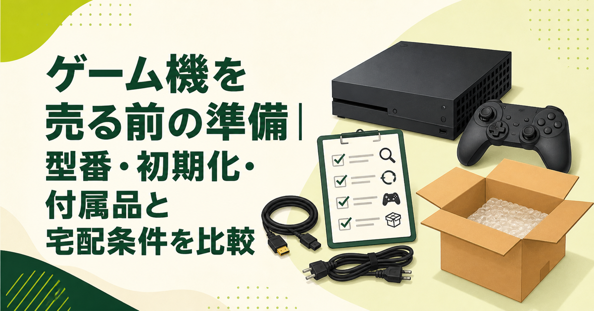 ゲーム機本体、コントローラー、付属品、梱包箱を並べた売却準備のイラスト