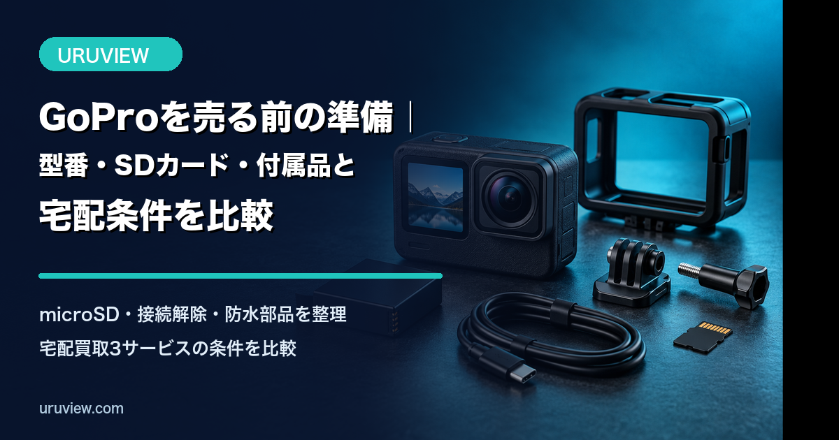 GoPro型のアクションカメラとバッテリー・マウント・microSDカードを並べた記事アイキャッチ